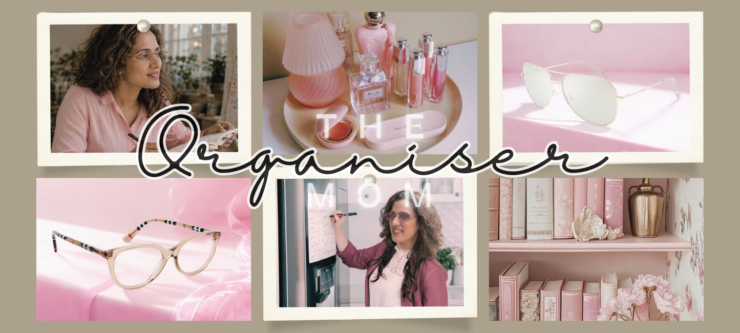 The Organised Mom, a blush pink mood board featuring a woman in a pink shirt writing, a curated vanity tray, slim silver aviators, nude cat-eye frames with satin fabric, a woman in a writing on a whiteboard, and a perfectly styled pink bookshelf.