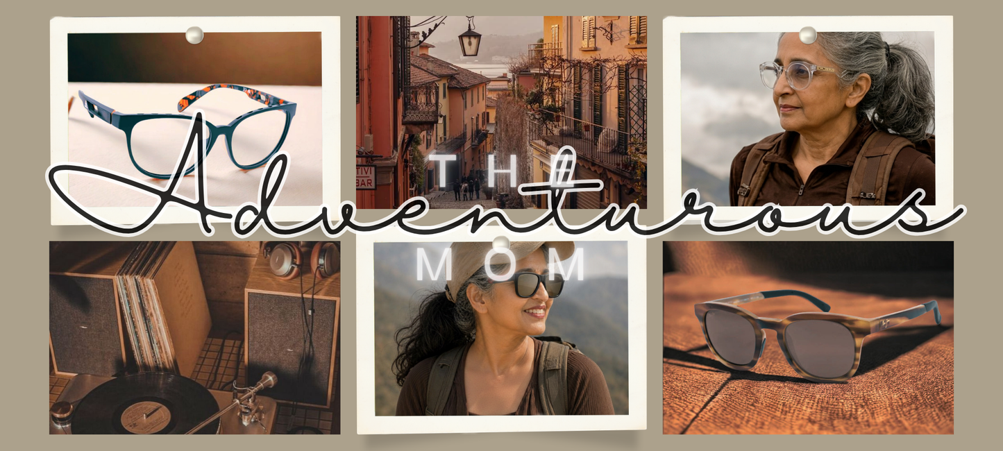 The Adventurous Mom, a rich earthy mood board featuring bold optical frames, a cobblestone European street, a vintage vinyl record player, a woman with curly hair in dark sunglasses smiling outdoors, and tortoiseshell wayfarers on weathered wood.