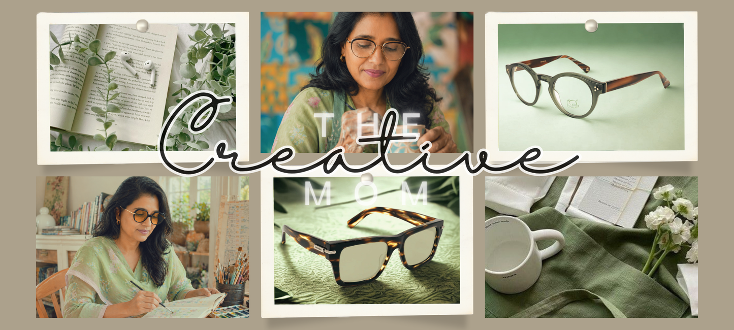 The Creative Mom, a sage green mood board featuringa woman in a floral green kurta painting, olive green round optical frames, a woman painting at a studio doing pottery, bold  square sunglasses on green fabric, and flowers on an olive linen cloth.