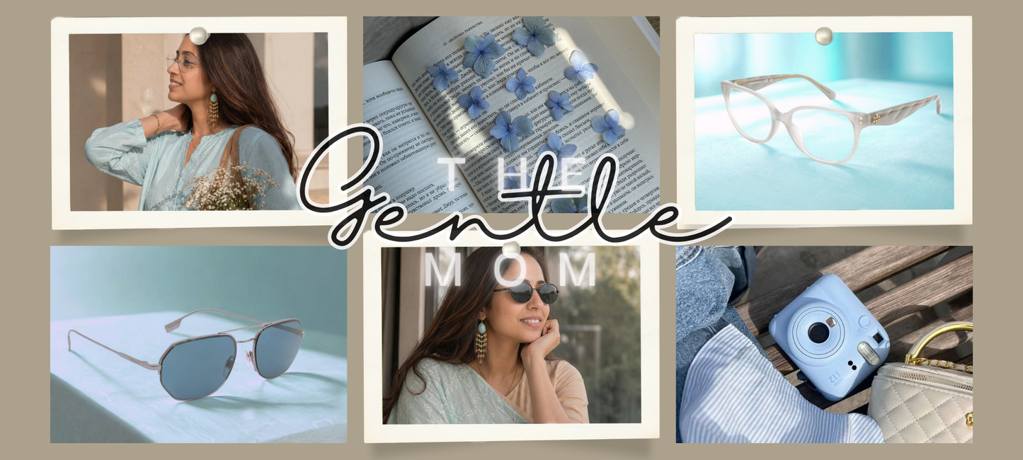 The Gentle Mom, a soft blue mood board featuring a woman in a powder blue kurta with teal earrings, clear cat-eye frames on aqua fabric, slim blue aviators, a woman in a grey saree smiling softly.
