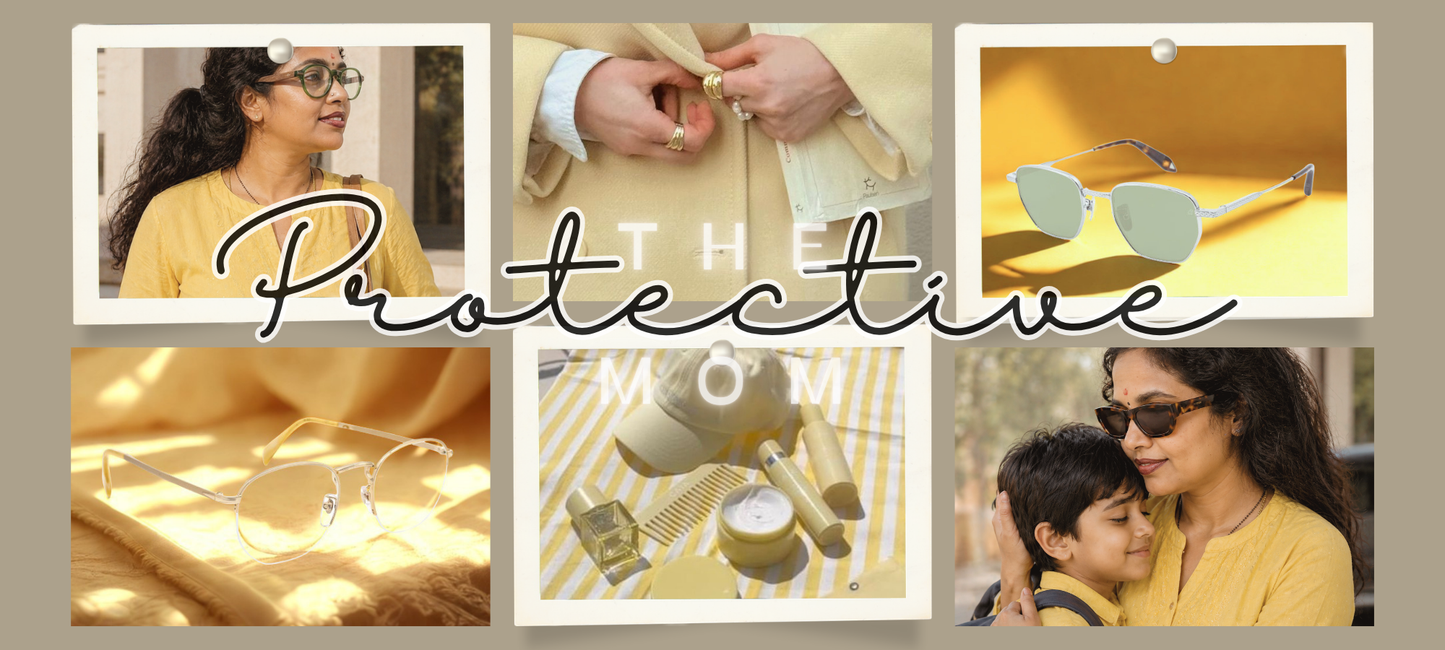The Protective Mom, a warm golden mood board featuring, sage green square sunglasses, a flat lay of golden skincare products, and a mother gently holding her young son's face.