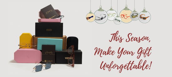 Christmas Eyewear collection banner with a christmas tree made with eyewear